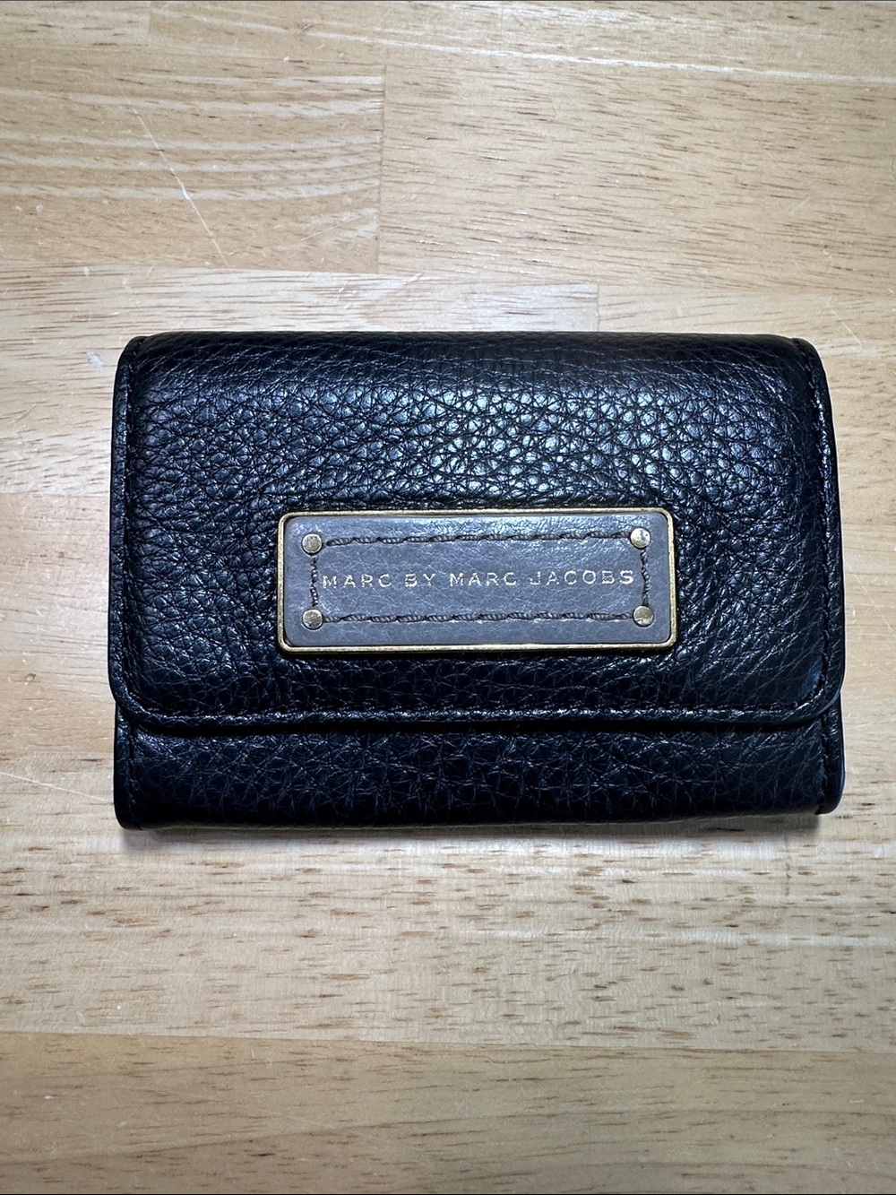 Marc by Marc Jacobs Black Pebbled Leather Trifold Wallet with Gold Plate